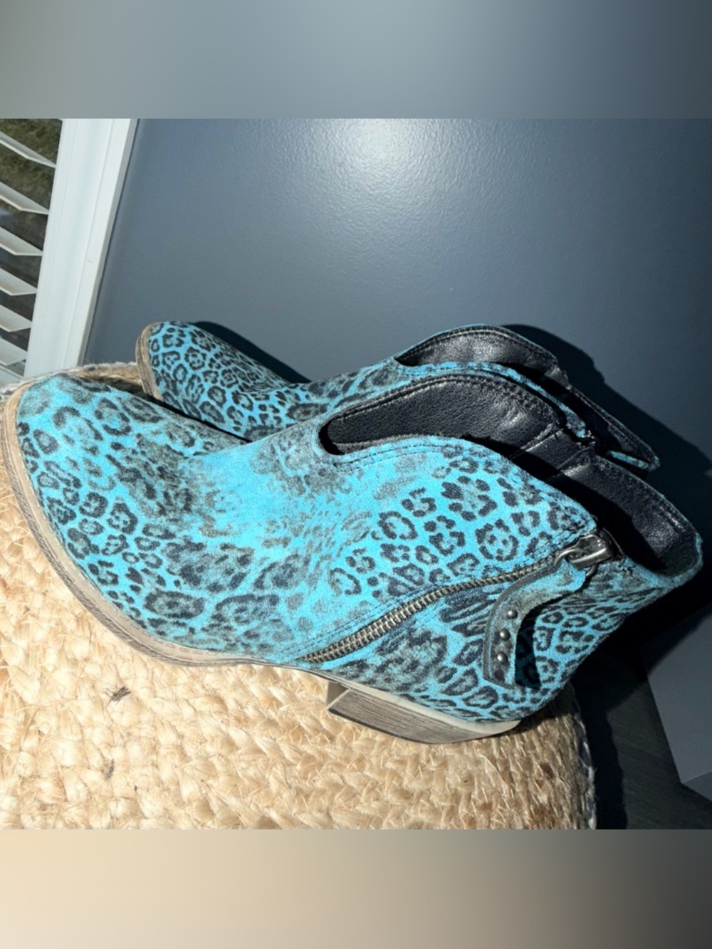 Very G Blue Leopard Ankle Boots